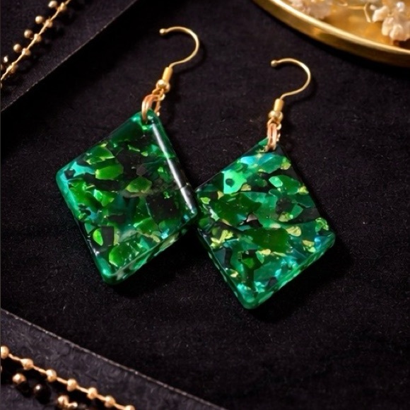 Handmade Emerald Green Resin Dangle Earrings Unique Statement Jewelry - Picture 3 of 4